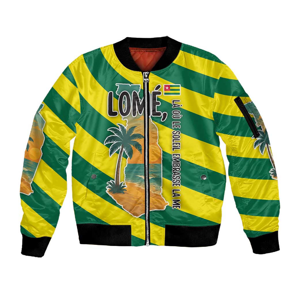 Lome Togo Sunset Sleeve Zip Bomber Jacket - Palm Trees and Ocean Embrace Design