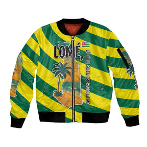 Lome Togo Sunset Sleeve Zip Bomber Jacket - Palm Trees and Ocean Embrace Design