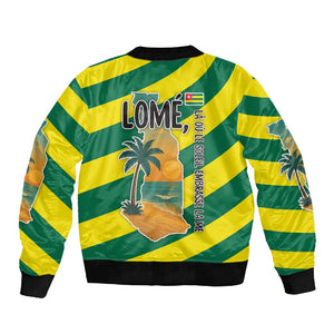 Lome Togo Sunset Sleeve Zip Bomber Jacket - Palm Trees and Ocean Embrace Design
