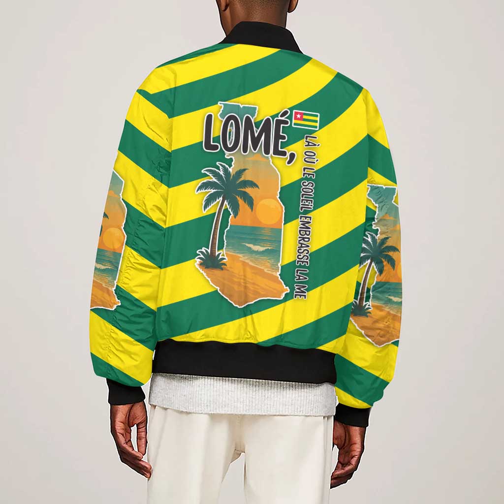 Lome Togo Sunset Sleeve Zip Bomber Jacket - Palm Trees and Ocean Embrace Design