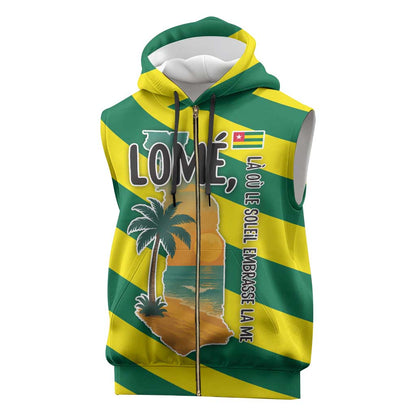 Lome Togo Sunset Sleeveless Zip Hoodie - Palm Trees and Ocean Embrace Design - African Pride