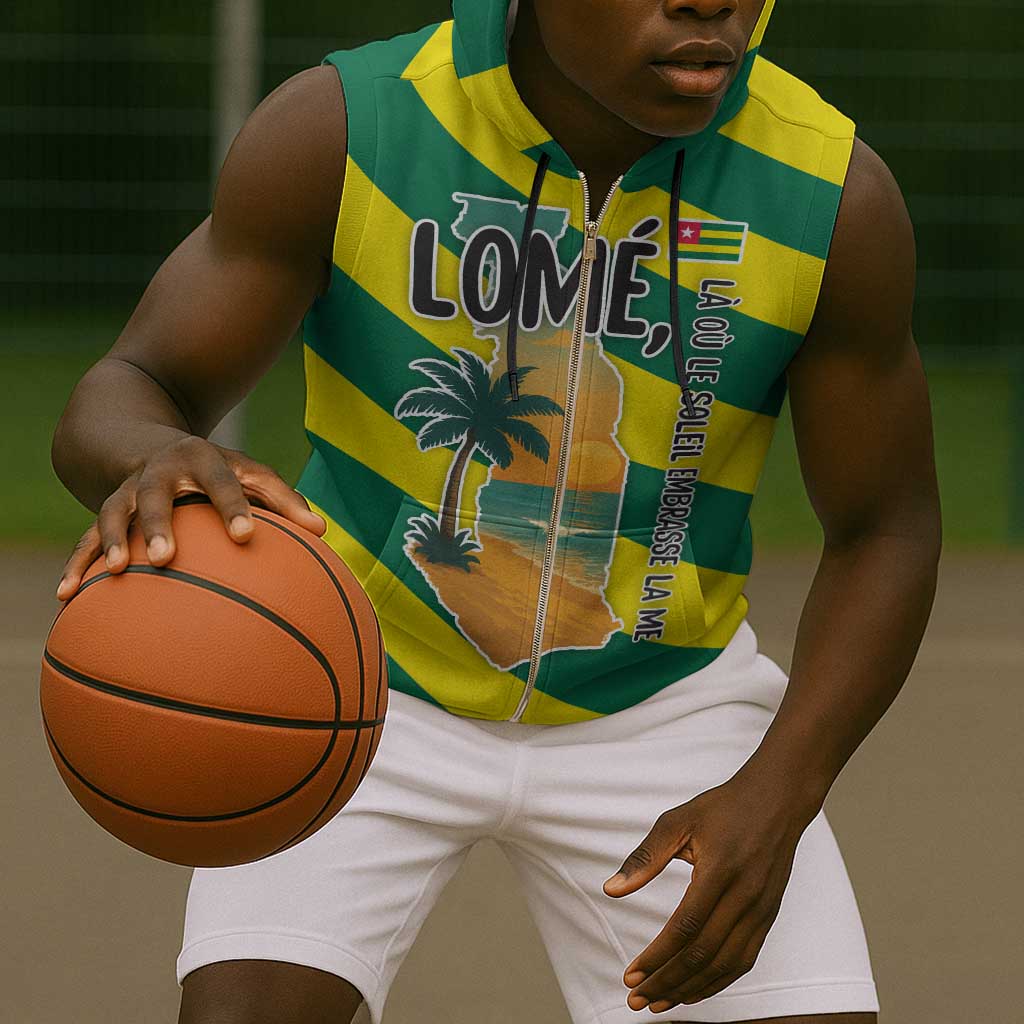 Lome Togo Sunset Sleeveless Zip Hoodie - Palm Trees and Ocean Embrace Design - African Pride