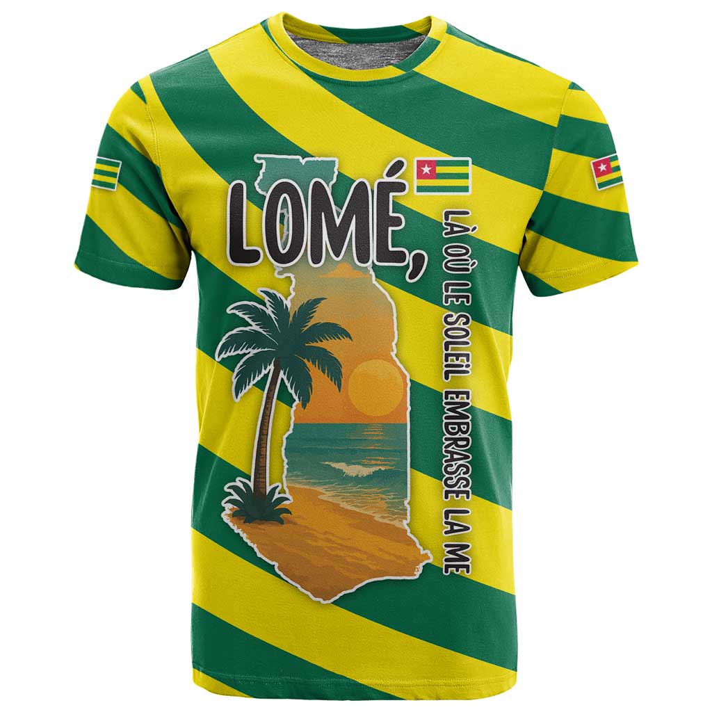 Lome Togo Sunset T shirt - Palm Trees and Ocean Embrace Design