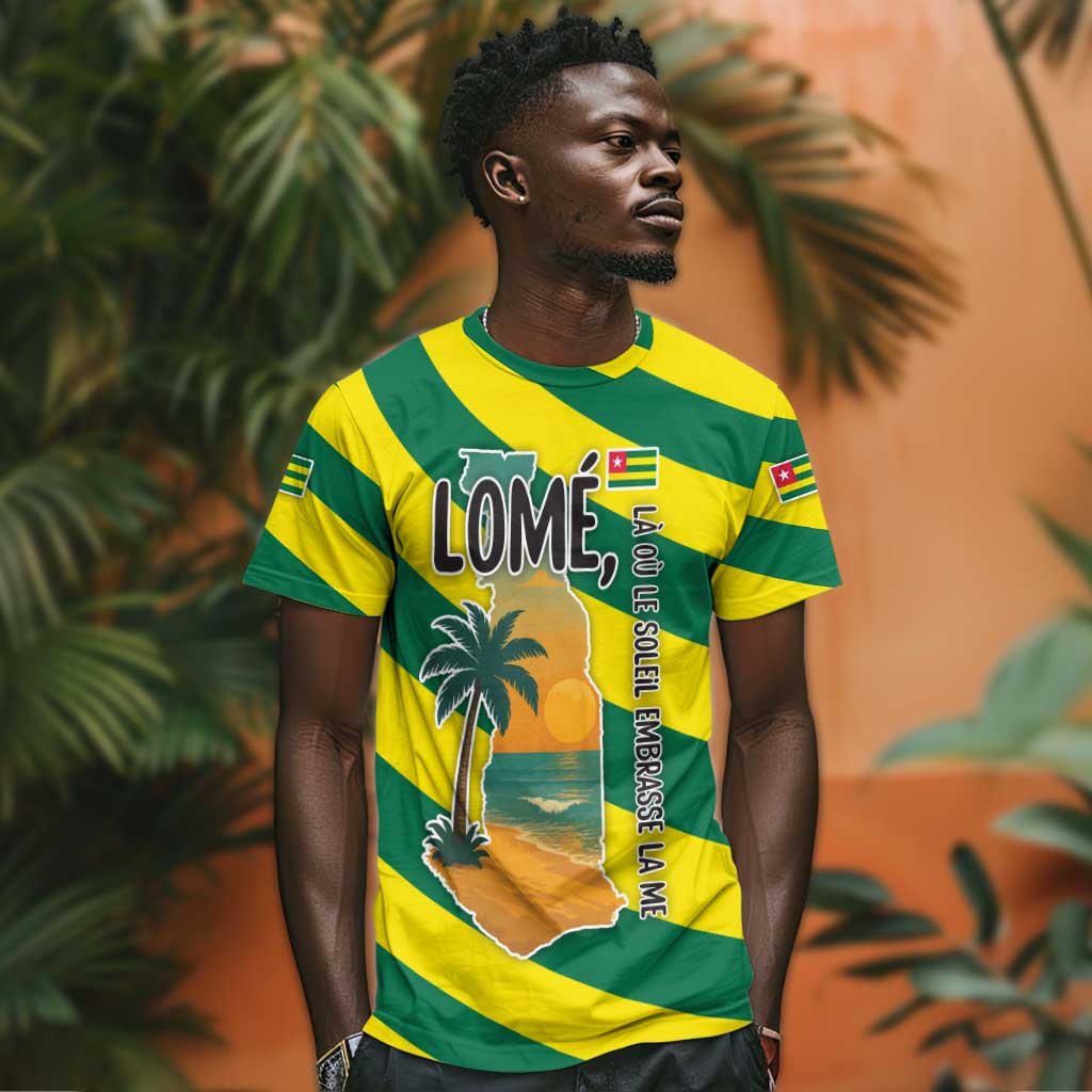 Lome Togo Sunset T shirt - Palm Trees and Ocean Embrace Design