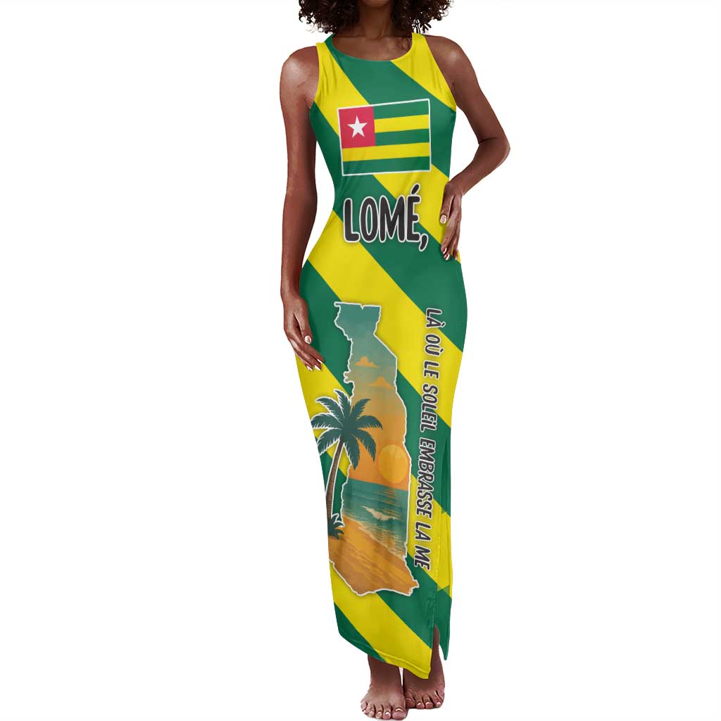 Lome Togo Sunset Tank Maxi Dress - Palm Trees and Ocean Embrace Design