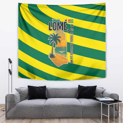 Lome Togo Sunset Tapestry - Palm Trees and Ocean Embrace Design