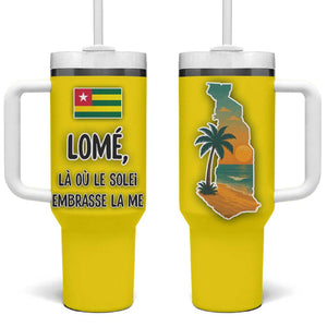 Lome Togo Sunset Tumbler With Handle - Palm Trees and Ocean Embrace Design