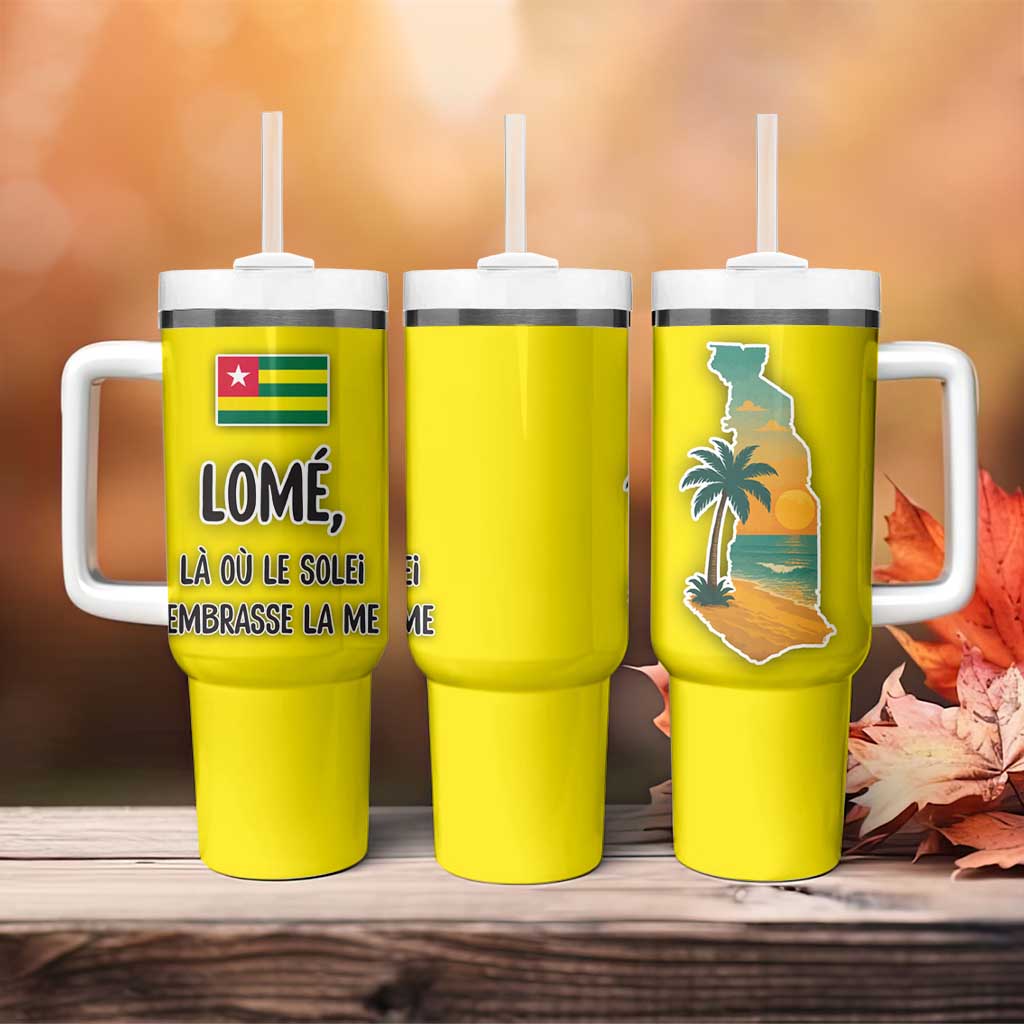 Lome Togo Sunset Tumbler With Handle - Palm Trees and Ocean Embrace Design