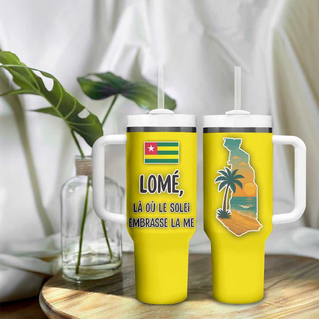 Lome Togo Sunset Tumbler With Handle - Palm Trees and Ocean Embrace Design