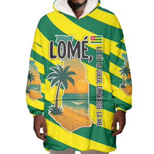 Lome Togo Sunset Wearable Blanket Hoodie - Palm Trees and Ocean Embrace Design