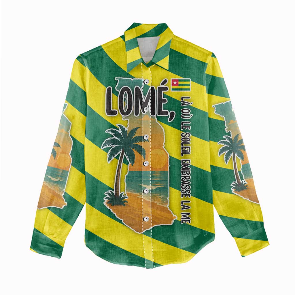 Lome Togo Sunset Women Casual Shirt - Palm Trees and Ocean Embrace Design