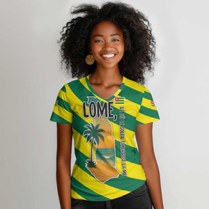 Lome Togo Sunset Women V-Neck T-Shirt - Palm Trees and Ocean Embrace Design