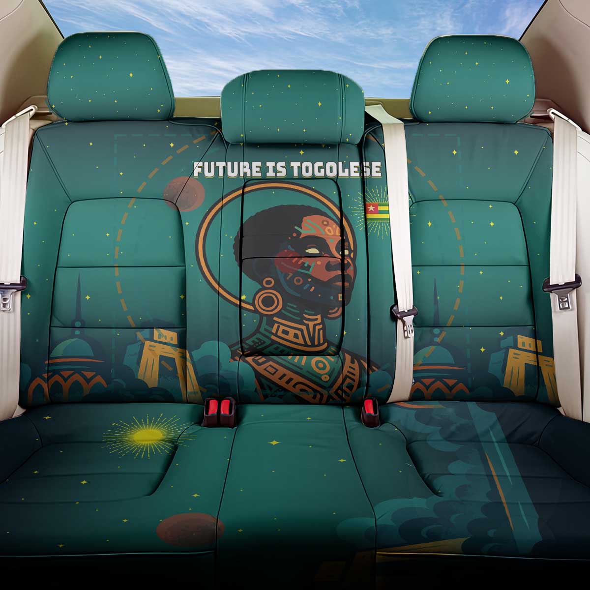 Togo Futuristic Afrocentric Woman Back Car Seat Cover with Flag and Stars Design