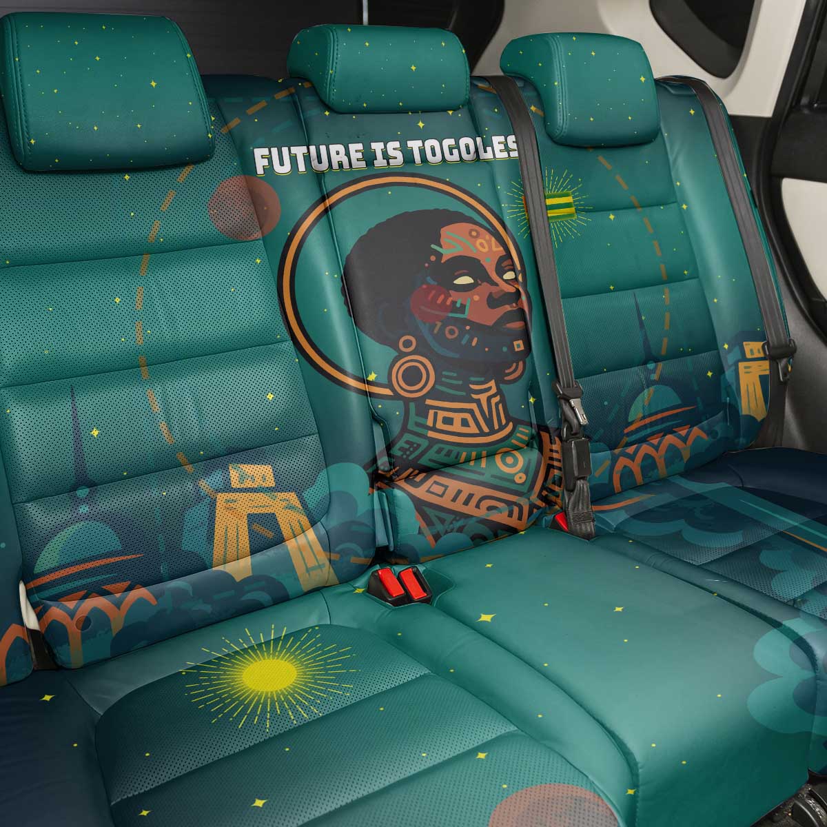 Togo Futuristic Afrocentric Woman Back Car Seat Cover with Flag and Stars Design