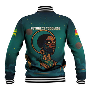 Togo Futuristic Afrocentric Woman Baseball Jacket with Flag and Stars Design