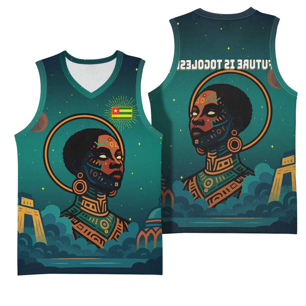 Togo Futuristic Afrocentric Woman Basketball Jersey with Flag and Stars Design - African Pride