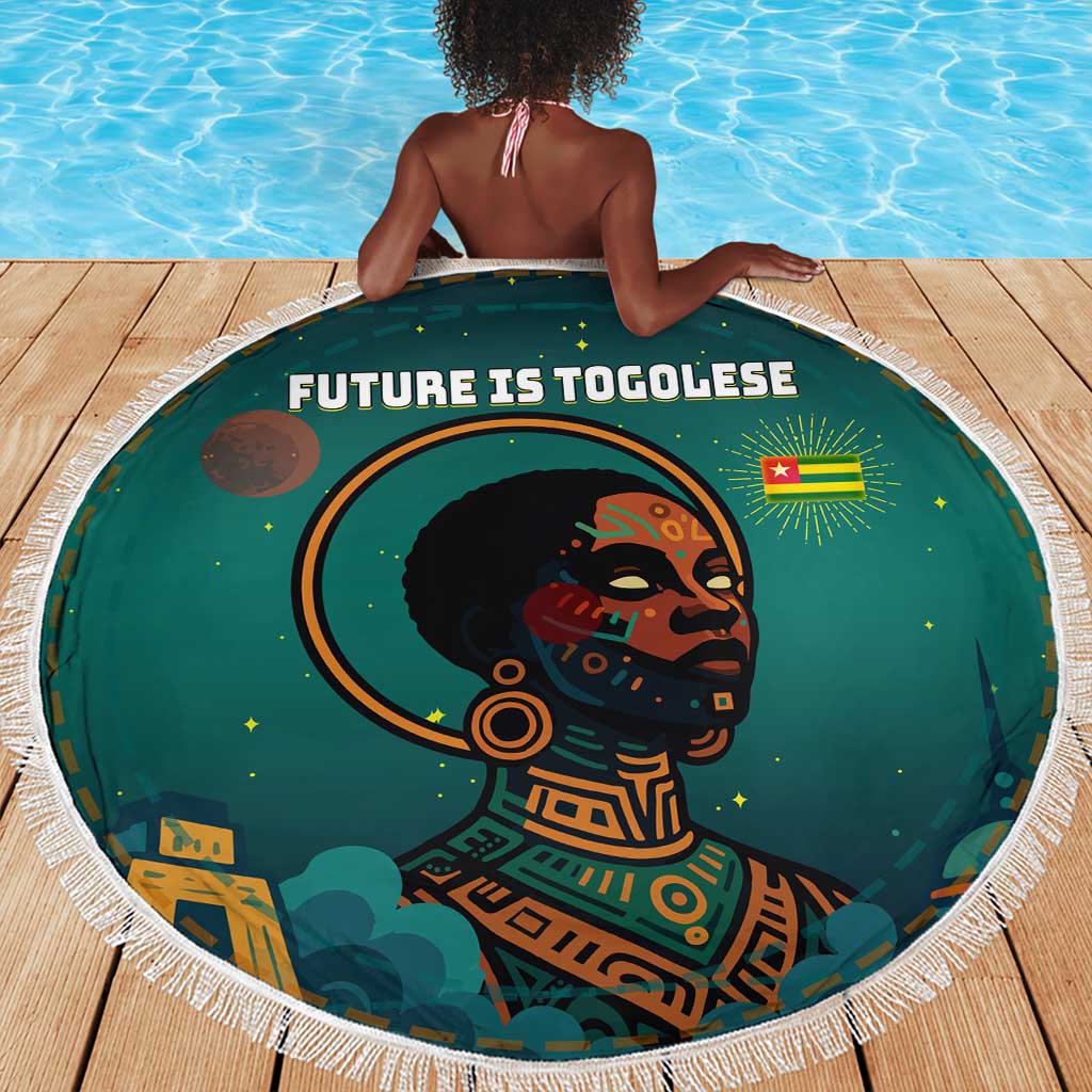 Togo Futuristic Afrocentric Woman Beach Blanket with Flag and Stars Design
