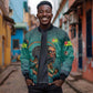 Togo Futuristic Afrocentric Woman Bomber Jacket with Flag and Stars Design