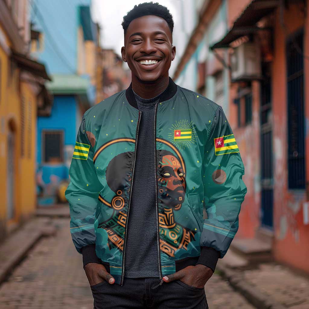 Togo Futuristic Afrocentric Woman Bomber Jacket with Flag and Stars Design