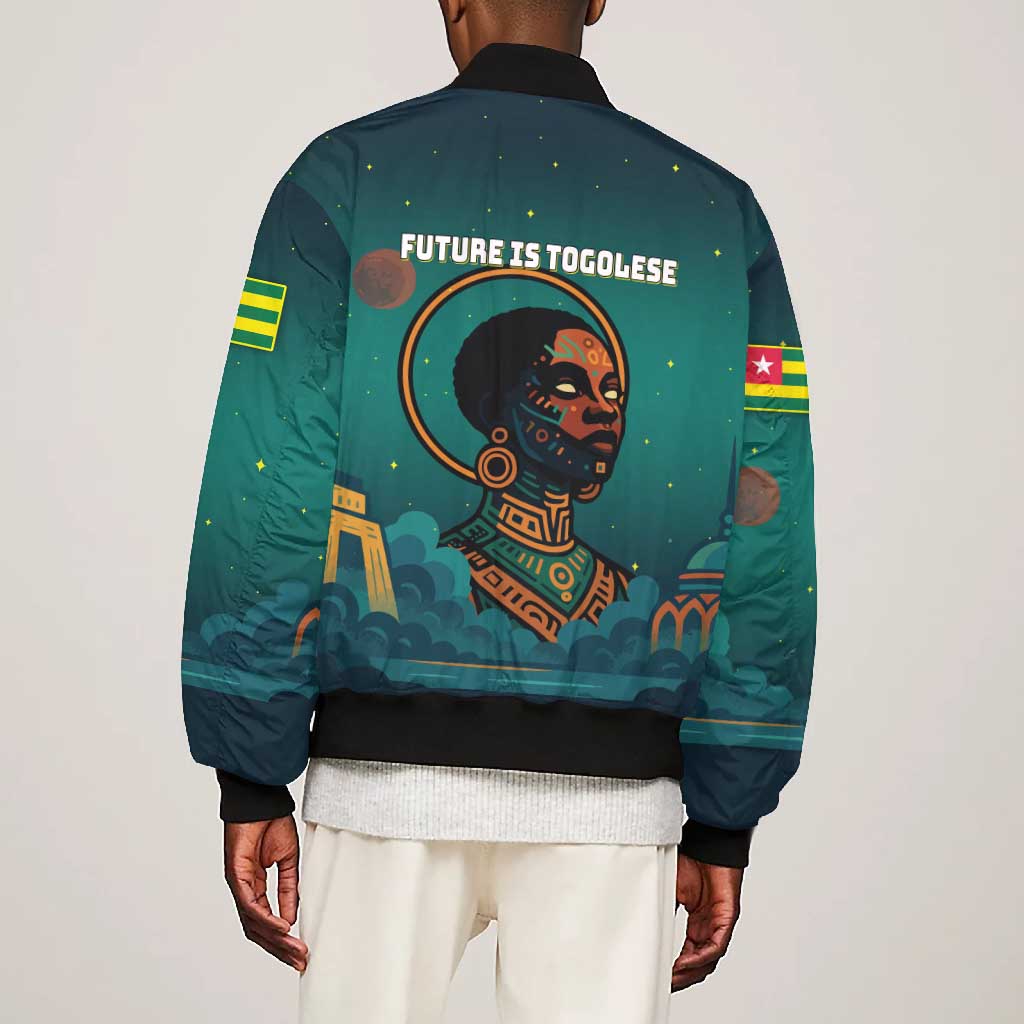 Togo Futuristic Afrocentric Woman Bomber Jacket with Flag and Stars Design