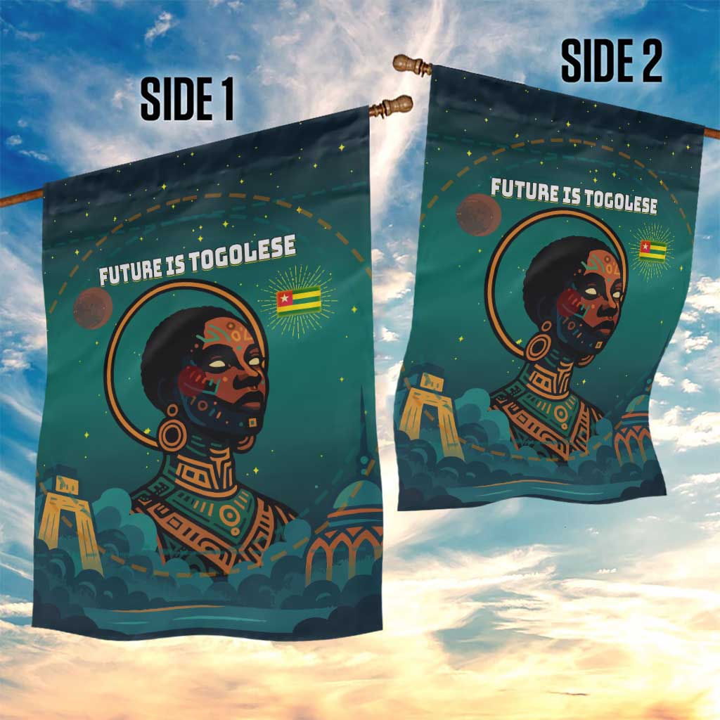 Togo Futuristic Afrocentric Woman Garden Flag with Flag and Stars Design