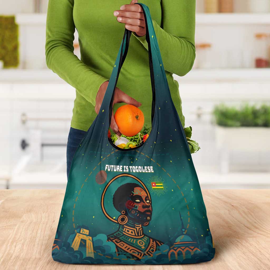 Togo Futuristic Afrocentric Woman Grocery Bag with Flag and Stars Design