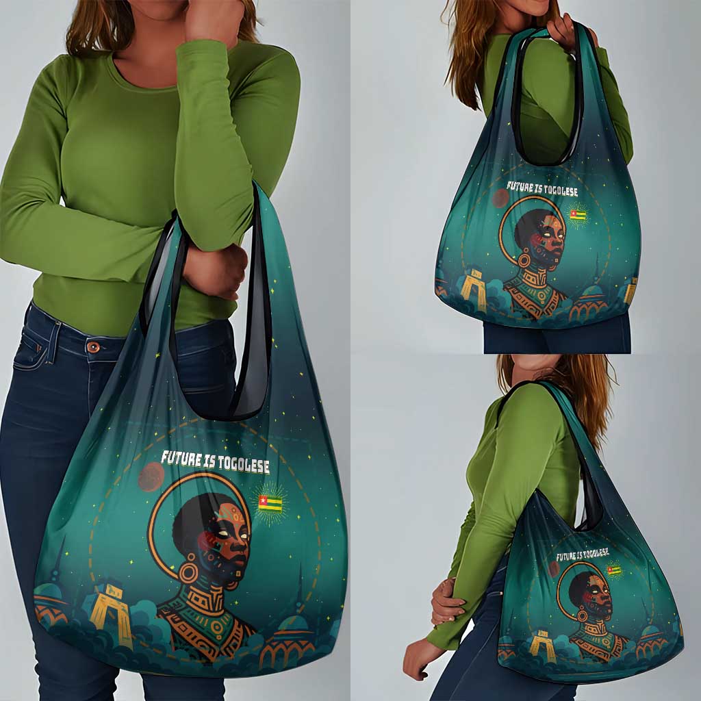 Togo Futuristic Afrocentric Woman Grocery Bag with Flag and Stars Design