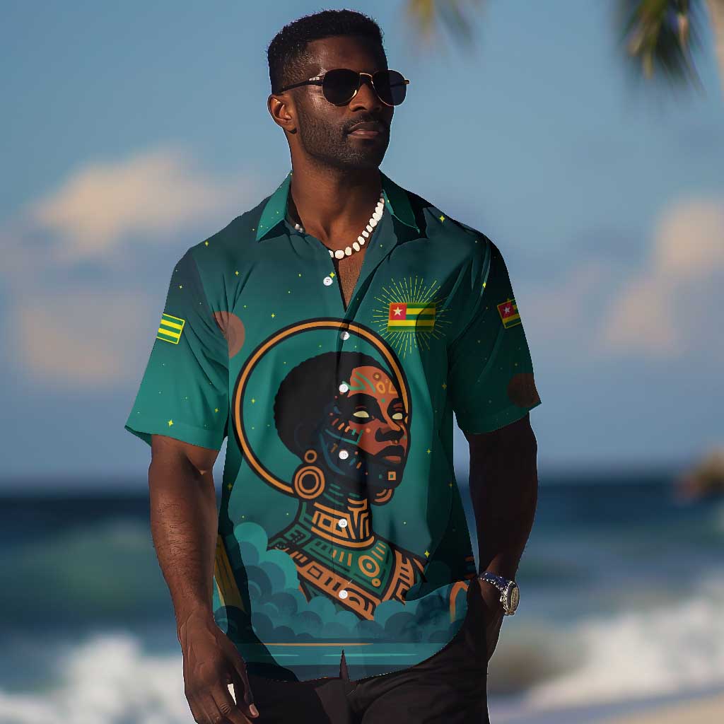 Togo Futuristic Afrocentric Woman Hawaiian Shirt with Flag and Stars Design