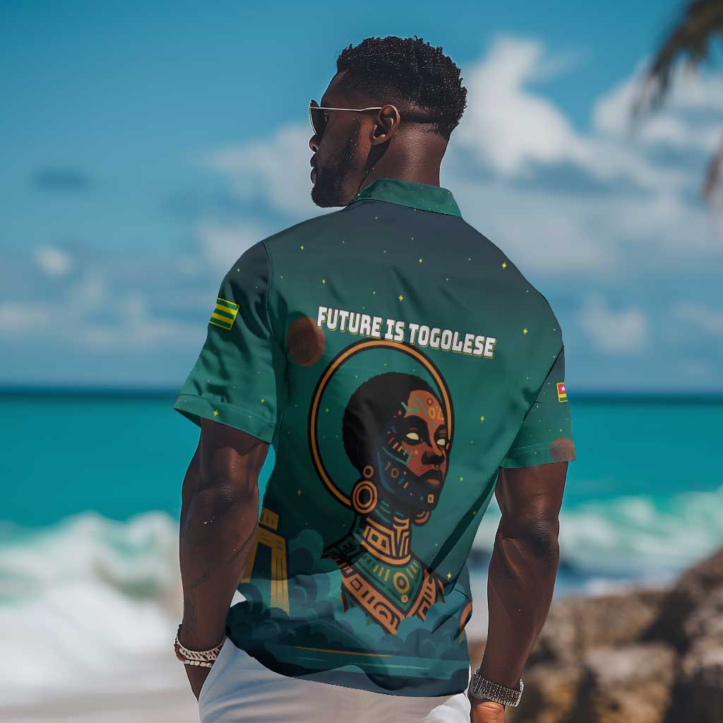 Togo Futuristic Afrocentric Woman Hawaiian Shirt with Flag and Stars Design