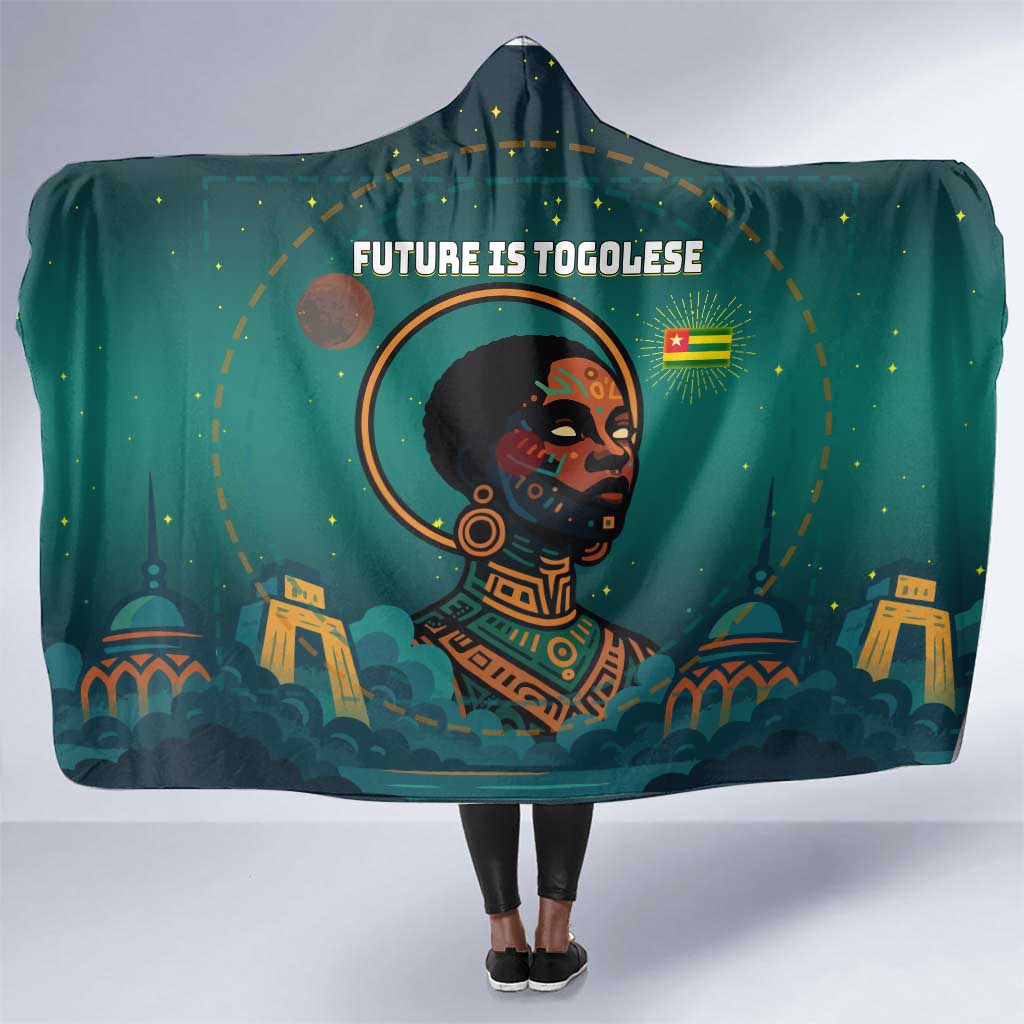 Togo Futuristic Afrocentric Woman Hooded Blanket with Flag and Stars Design