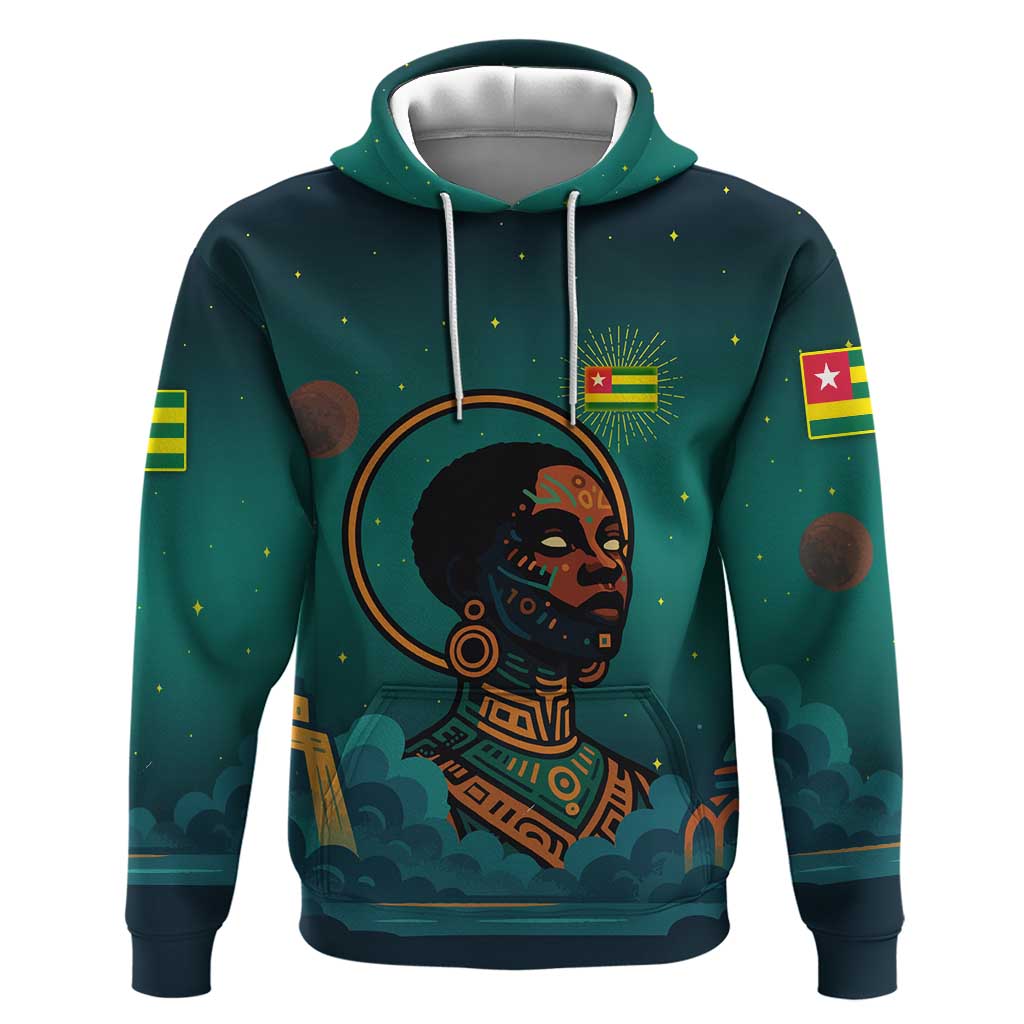 Togo Futuristic Afrocentric Woman Hoodie with Flag and Stars Design