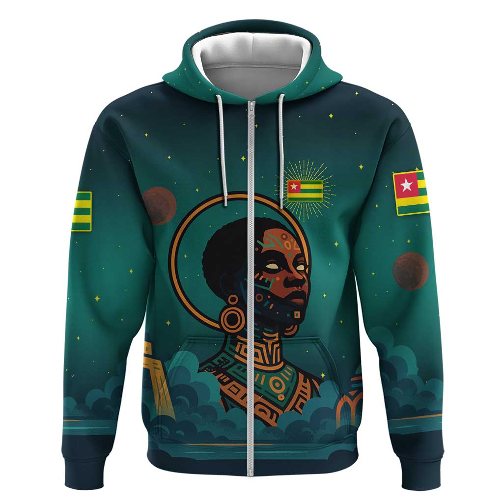 Togo Futuristic Afrocentric Woman Hoodie with Flag and Stars Design