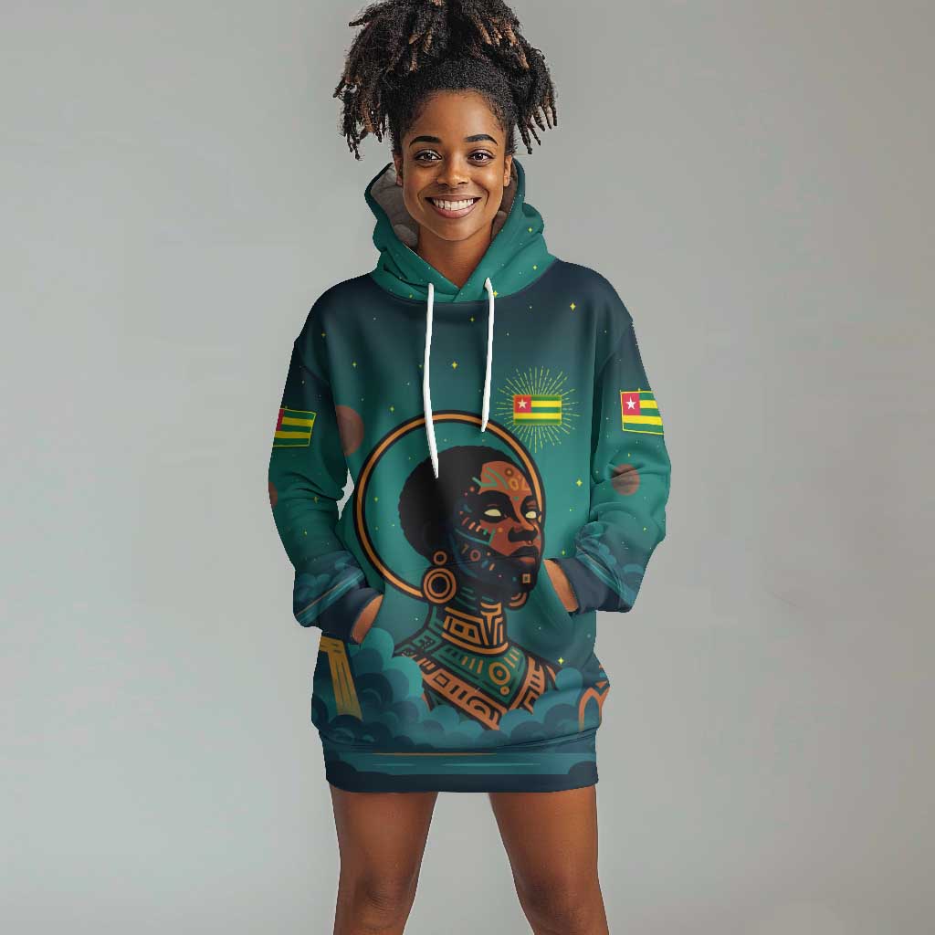 Togo Futuristic Afrocentric Woman Hoodie Dress with Flag and Stars Design