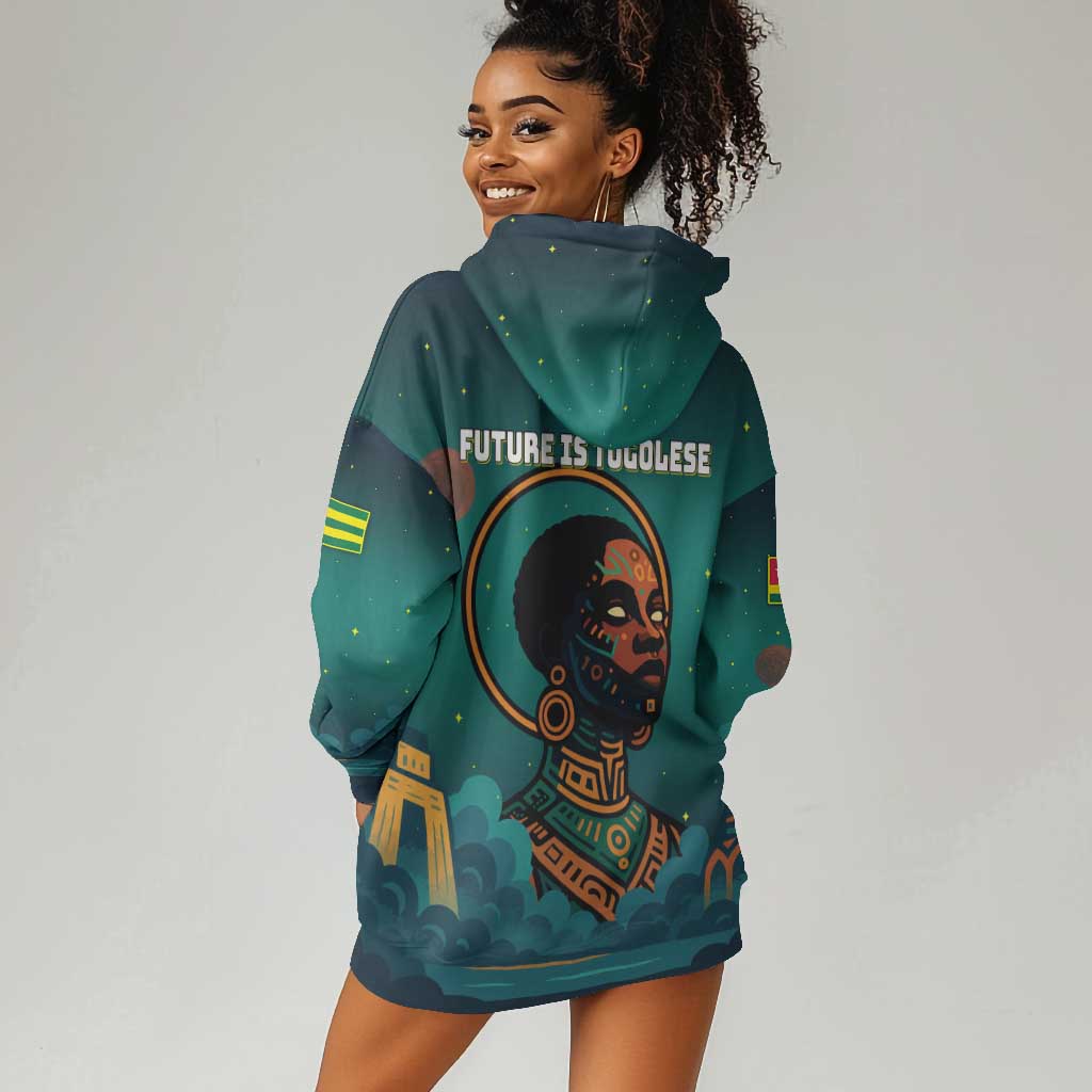 Togo Futuristic Afrocentric Woman Hoodie Dress with Flag and Stars Design