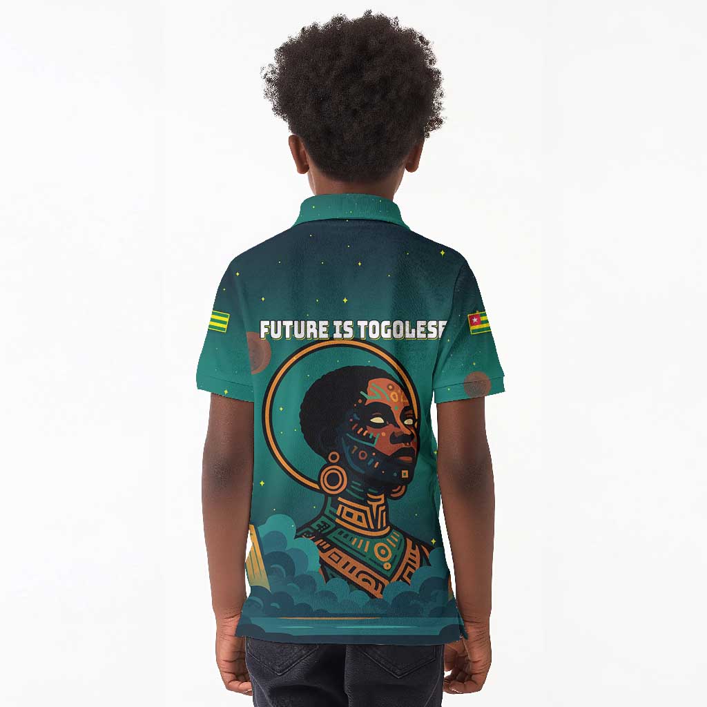 Togo Futuristic Afrocentric Woman Kid Polo Shirt with Flag and Stars Design