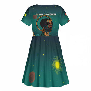 Togo Futuristic Afrocentric Woman Kid Short Sleeve Dress with Flag and Stars Design