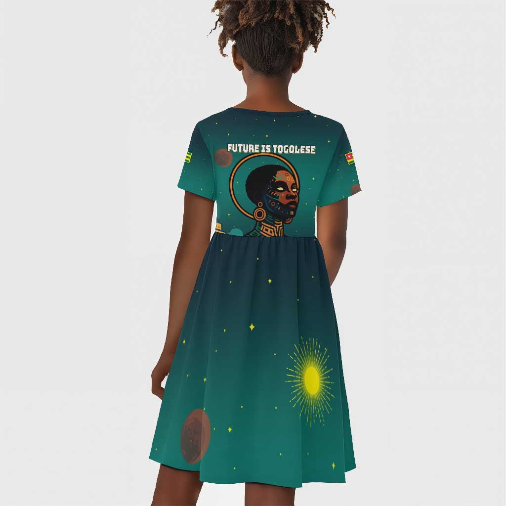 Togo Futuristic Afrocentric Woman Kid Short Sleeve Dress with Flag and Stars Design