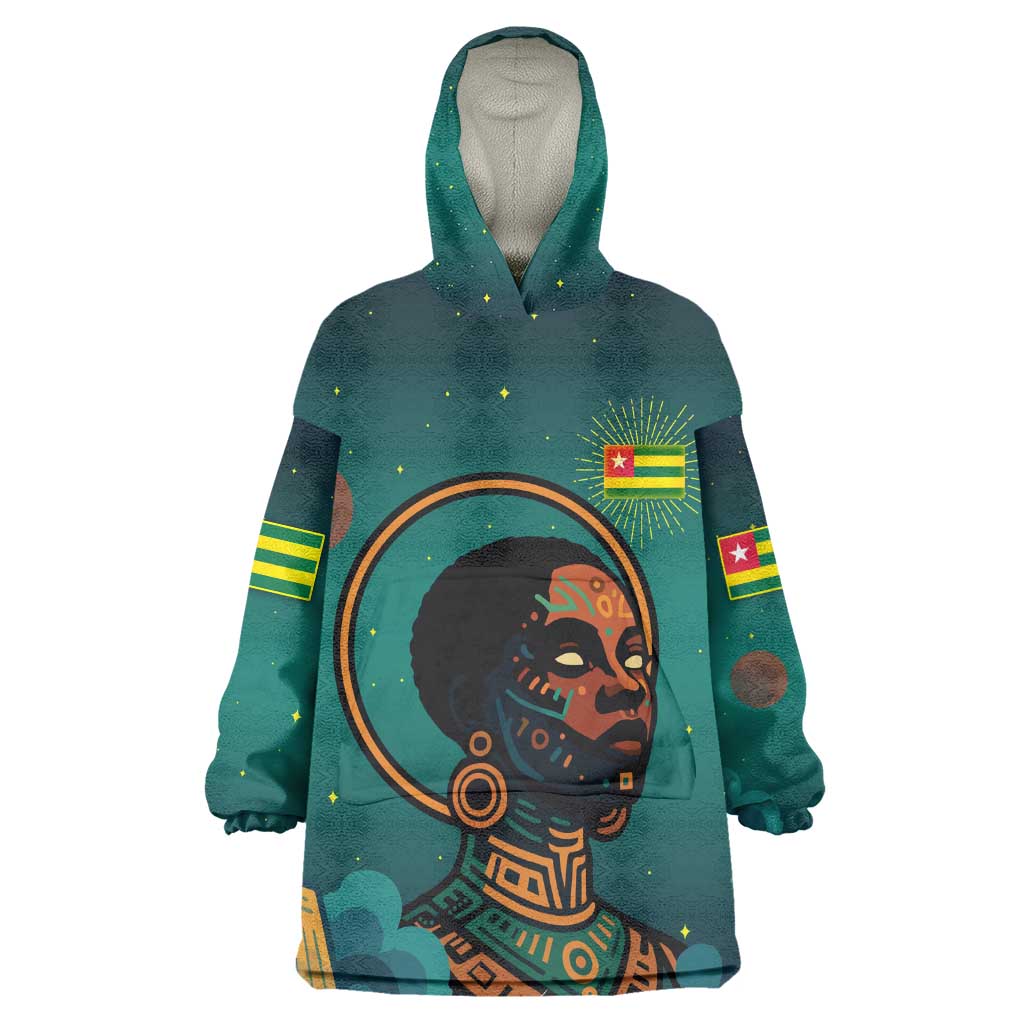 Togo Futuristic Afrocentric Woman Kid Wearable Blanket Hoodie with Flag and Stars Design