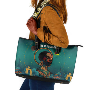 Togo Futuristic Afrocentric Woman Leather Tote Bag with Flag and Stars Design