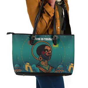 Togo Futuristic Afrocentric Woman Leather Tote Bag with Flag and Stars Design