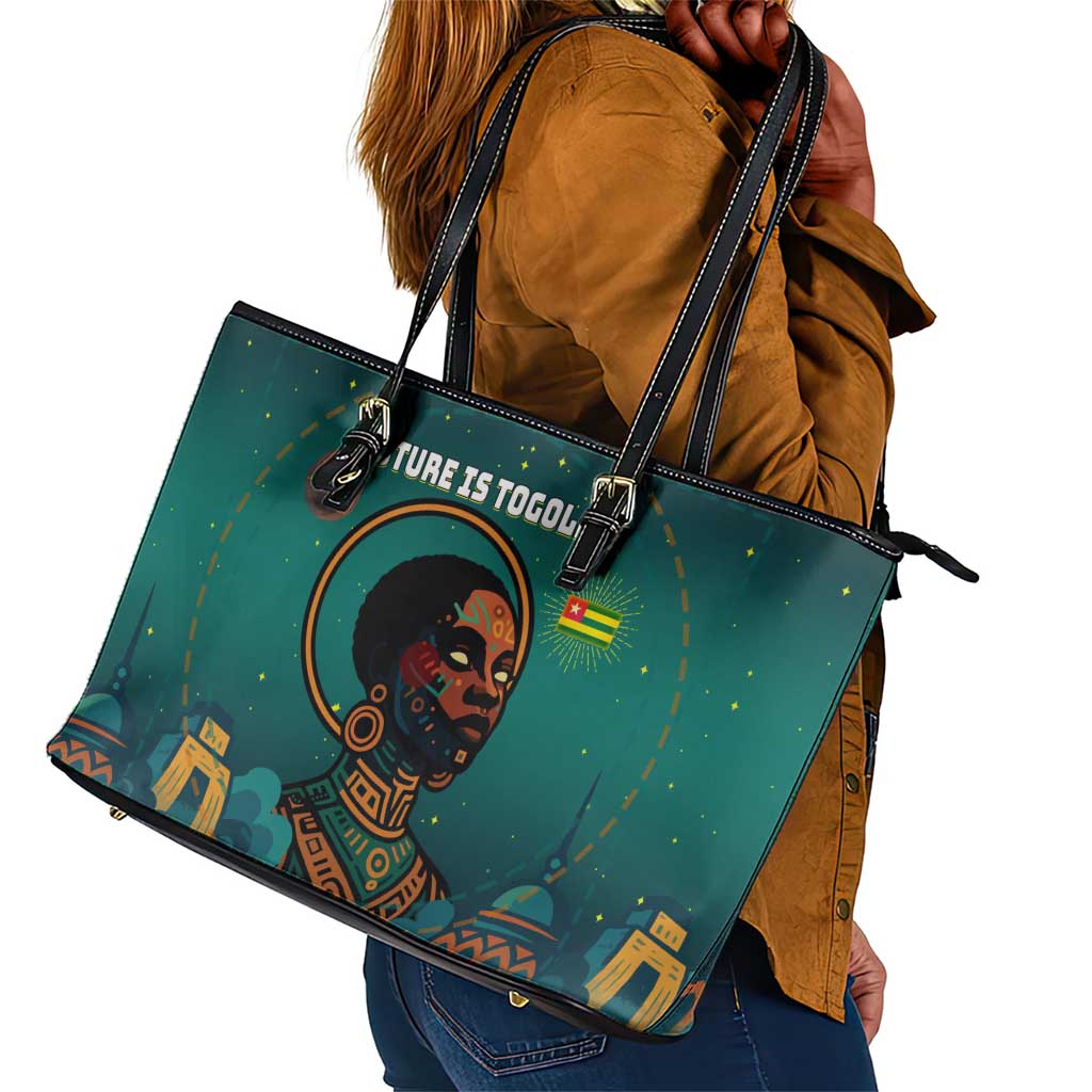 Togo Futuristic Afrocentric Woman Leather Tote Bag with Flag and Stars Design