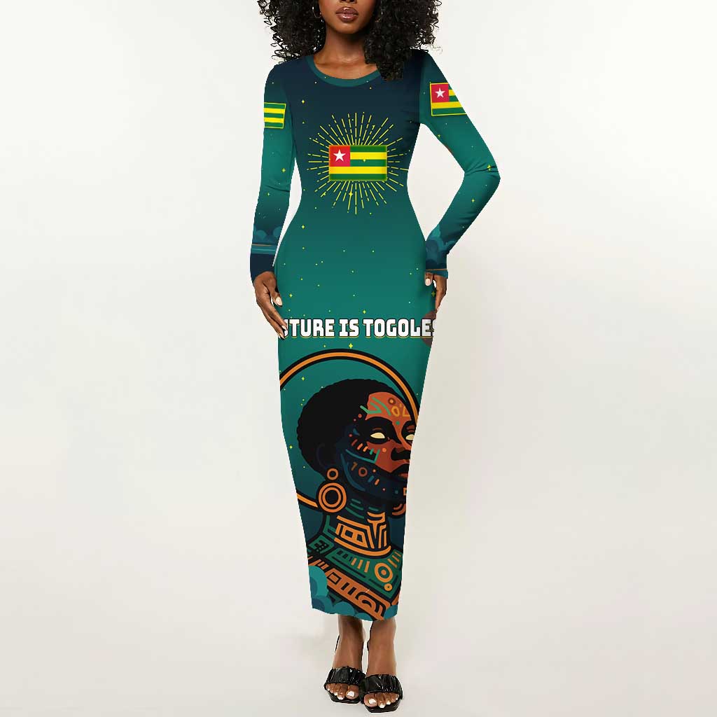 Togo Futuristic Afrocentric Woman Long Sleeve Bodycon Dress with Flag and Stars Design