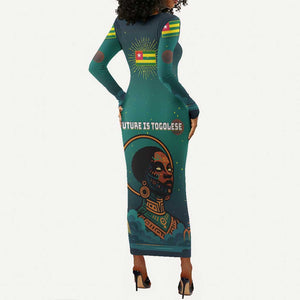 Togo Futuristic Afrocentric Woman Long Sleeve Bodycon Dress with Flag and Stars Design