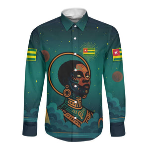 Togo Futuristic Afrocentric Woman Long Sleeve Button Shirt with Flag and Stars Design