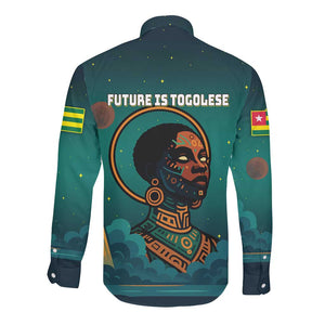 Togo Futuristic Afrocentric Woman Long Sleeve Button Shirt with Flag and Stars Design