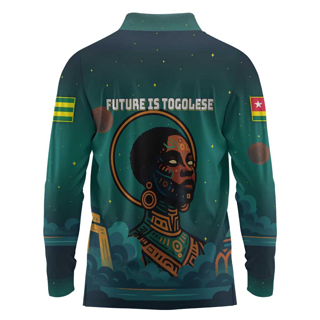Togo Futuristic Afrocentric Woman Long Sleeve Polo Shirt with Flag and Stars Design