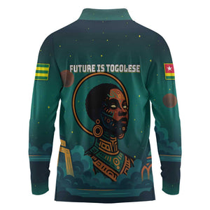 Togo Futuristic Afrocentric Woman Long Sleeve Polo Shirt with Flag and Stars Design