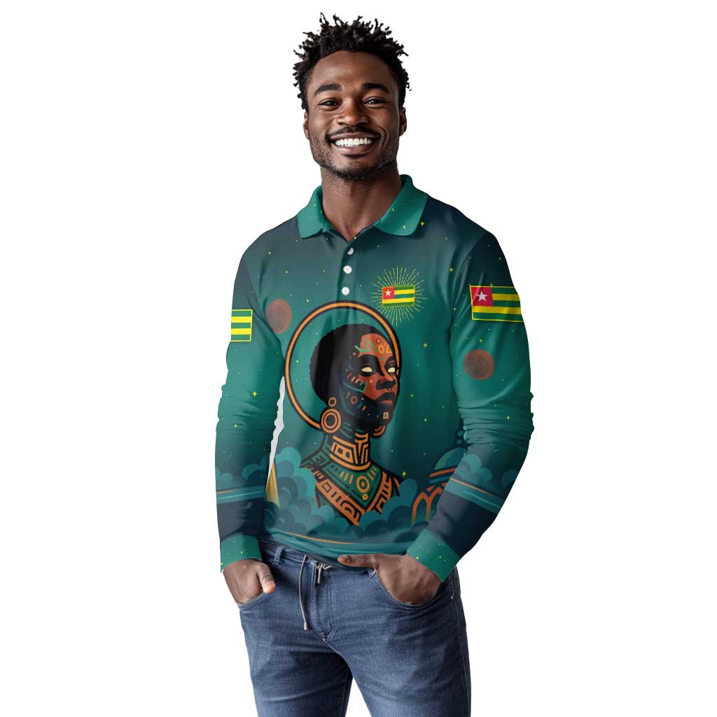 Togo Futuristic Afrocentric Woman Long Sleeve Polo Shirt with Flag and Stars Design