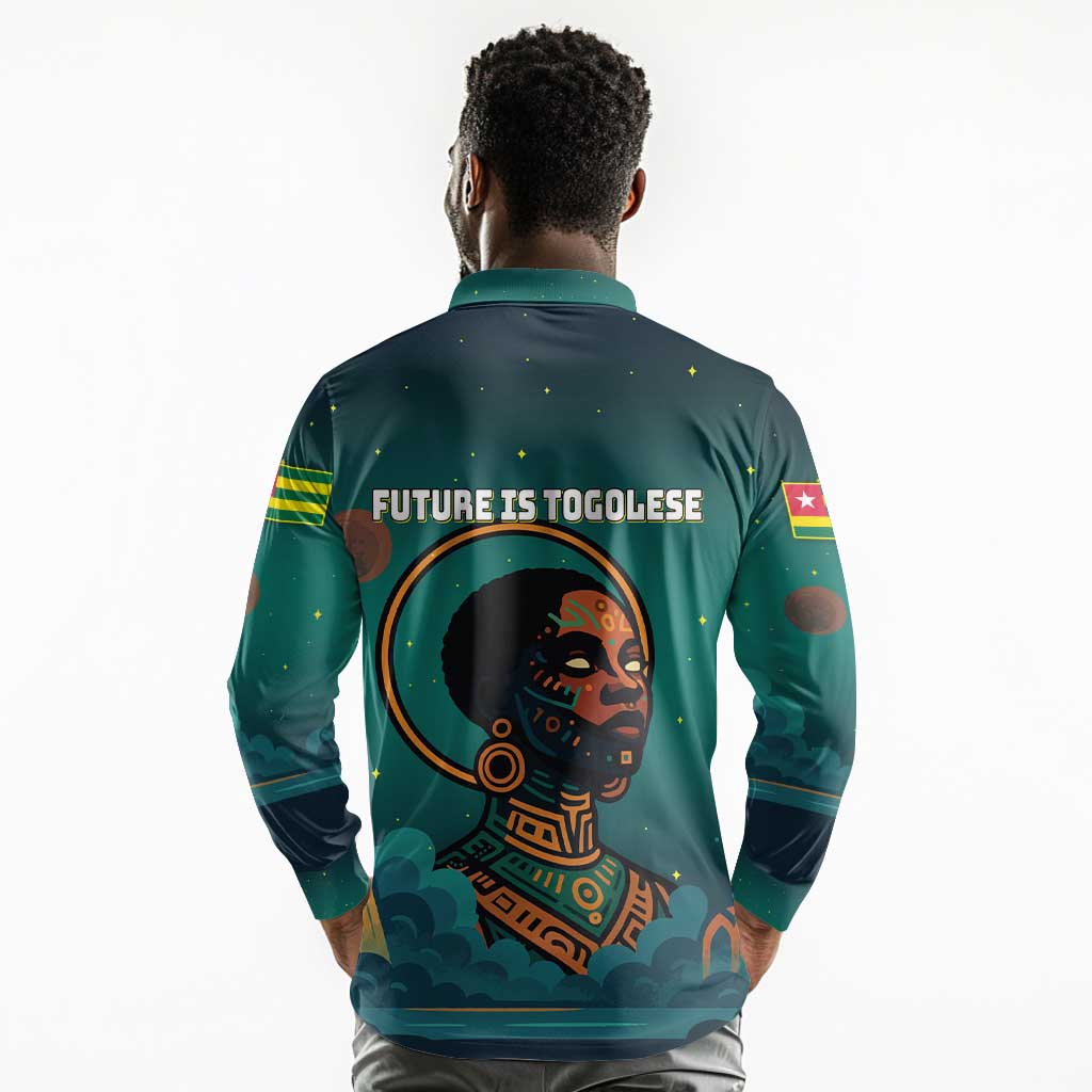 Togo Futuristic Afrocentric Woman Long Sleeve Polo Shirt with Flag and Stars Design