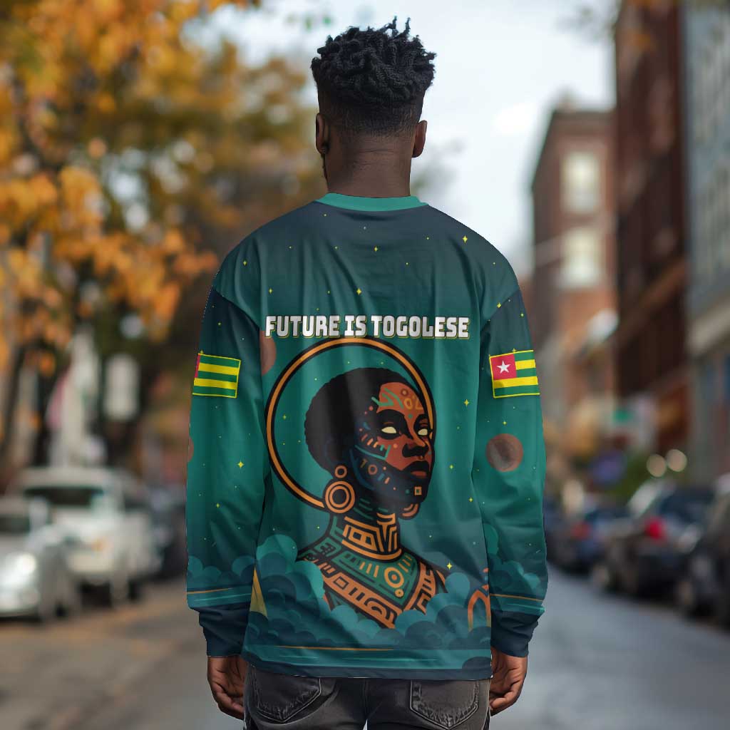 Togo Futuristic Afrocentric Woman Long Sleeve Shirt with Flag and Stars Design